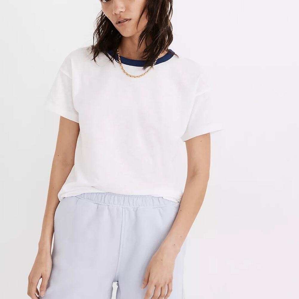 Madewell Whisper Cotton Rib-Crewneck Ringer White/Navy Tee